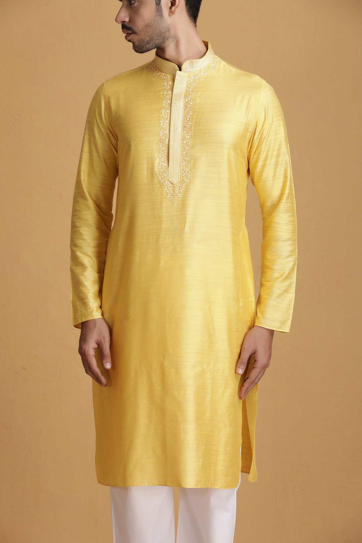 alt message - Manyavar Men Lemon Yellow Kurta Set With Collar And Placket Embroidery image number 0